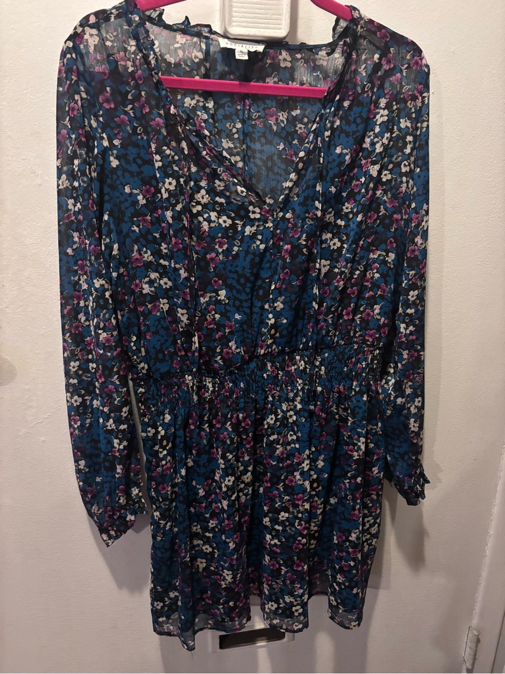 Socialite Blue Floral V-Neck Long Sleeve Dress with Purple Accents